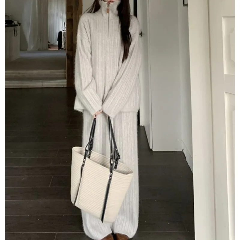 French Style Fashion Set, 2025 New Spring Casual Loose-fitting and Slimming Women's Sweater and Wide-leg Pants Two-piece Set