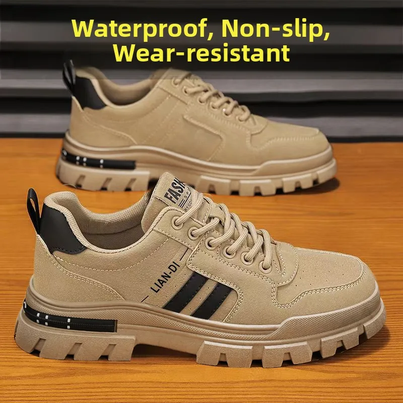 

Casual Sports Boots for Welding Workers Workwear Breathable Leather Shoes Comfortable Rubber Sole round Toe mid Heel