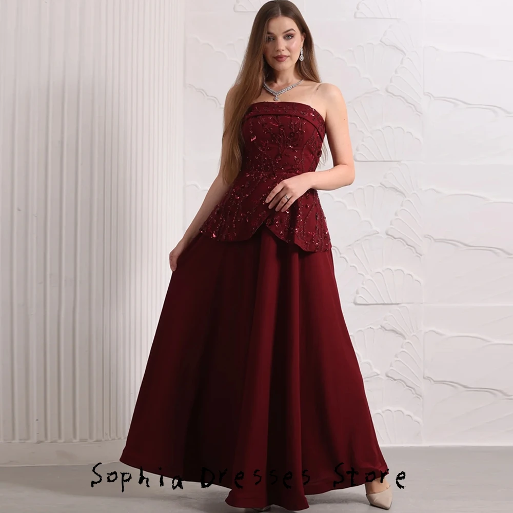 Hoge kwaliteit A-lijn bordeaux jersey strapless avondjurk op maat gemaakte gelegenheidsjurken eenvoudige mouwloze Saoedi-galajurk