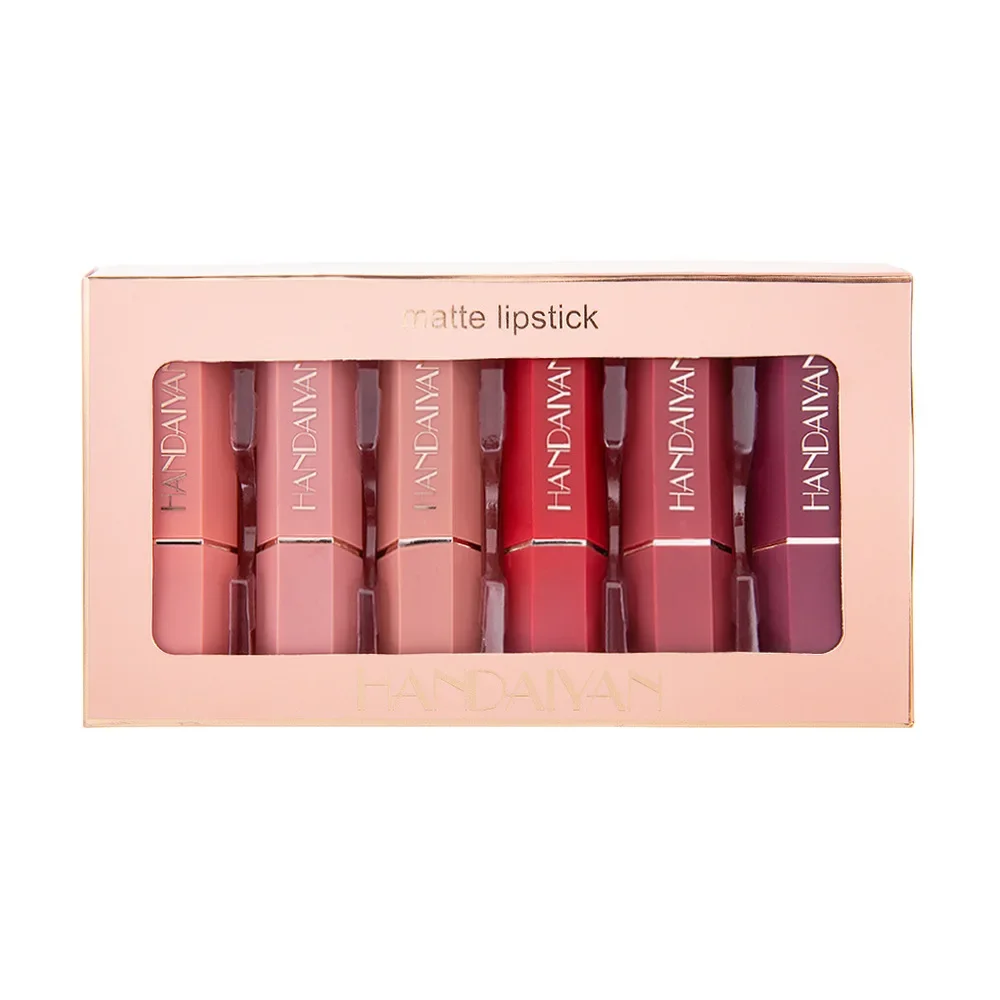 6 farben Matte Samt Lippenstift Set Nicht-Färben Langlebig Rot Lippenstift Box Sechseckigen Frauen Make-Up Geschenk Wasserdicht Matte lippenstift