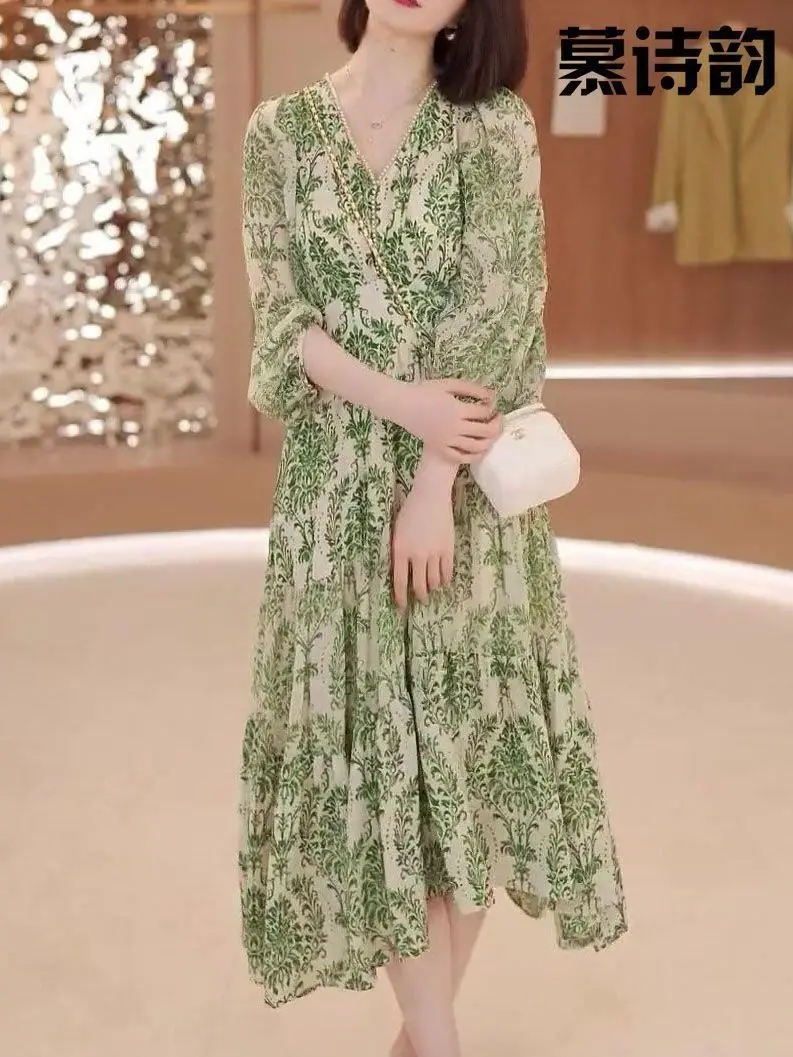 Mingyuan فستان زهري صيفي نمط جديد فانوس الأكمام الخامس الرقبة الخصر cinched لتغطية فستان التخسيس مزاجه البطن