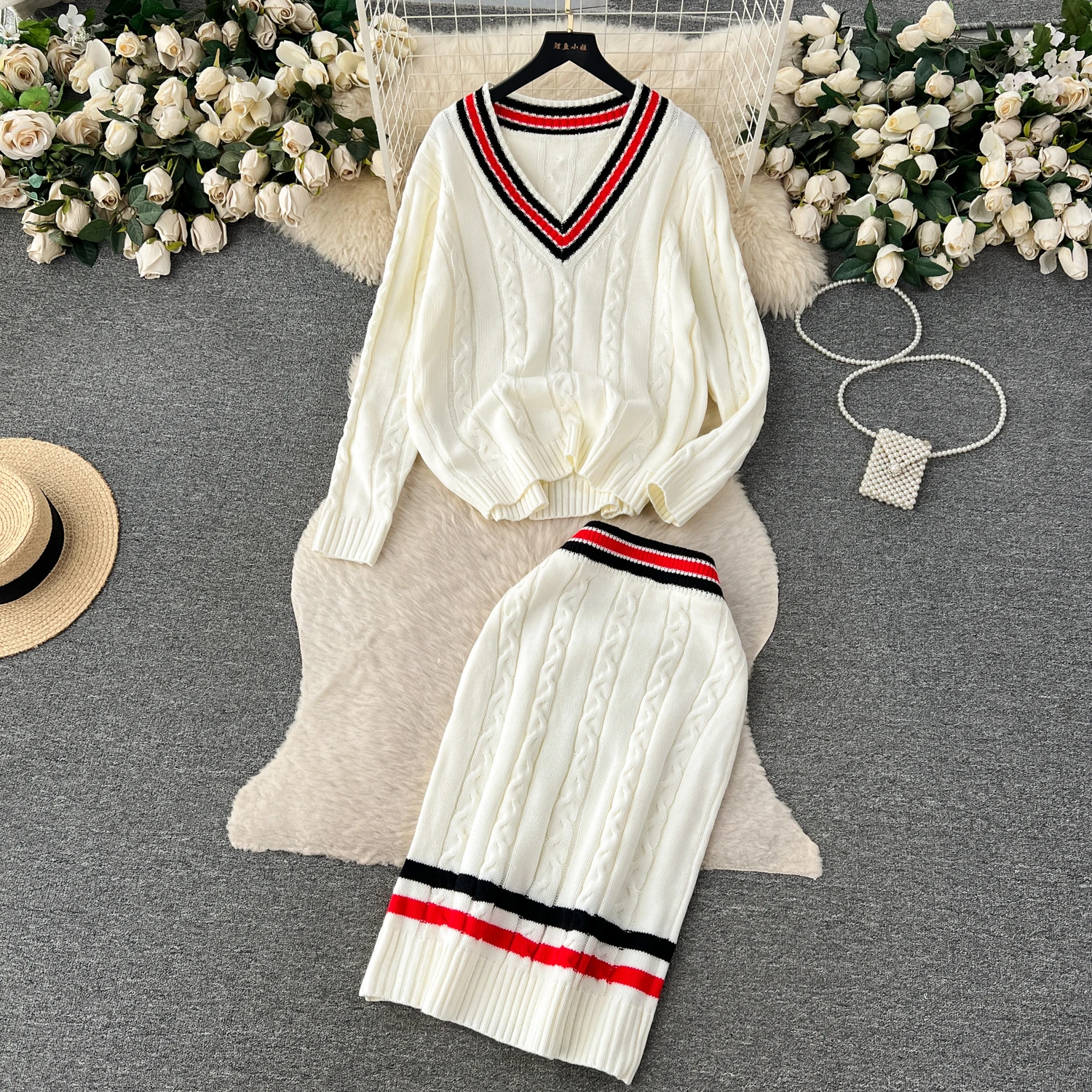 

Fashion Casual British Style Outfits Knitted Two Piece Set Long sleeved V-neck Loose Sweater+High Waist Skirt Women Autumn Sets