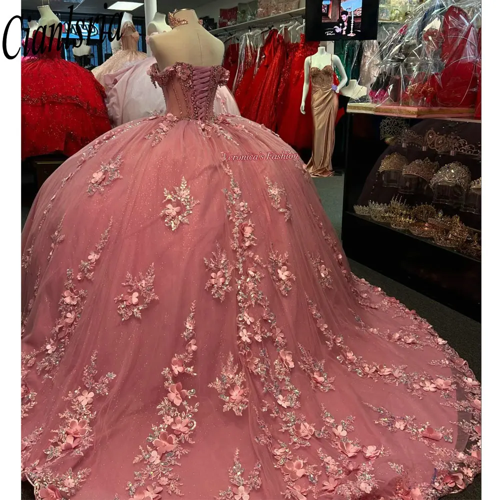 Robes de Quinceanera perlées roses, robes de Rh, appliques de fleurs 3D, dentelle douce, fête d'anniversaire, 15