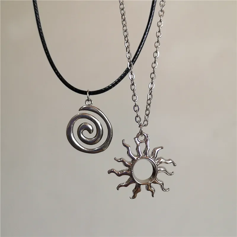 Vintage Goth 90s Silver Color Spiral Vortex Pendant Leather Rope Chain Necklace For Women Men Y2K Aesthetic Jewelry Accessories