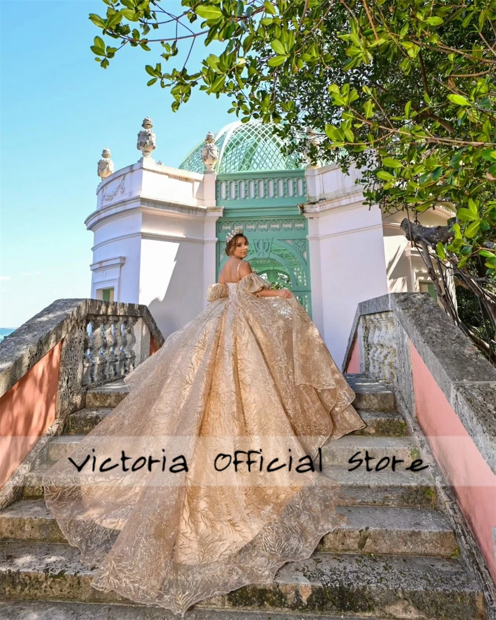 Vestido De Quinceañera con hombros descubiertos, traje De princesa dulce, fiesta De cumpleaños, champán, 15 años