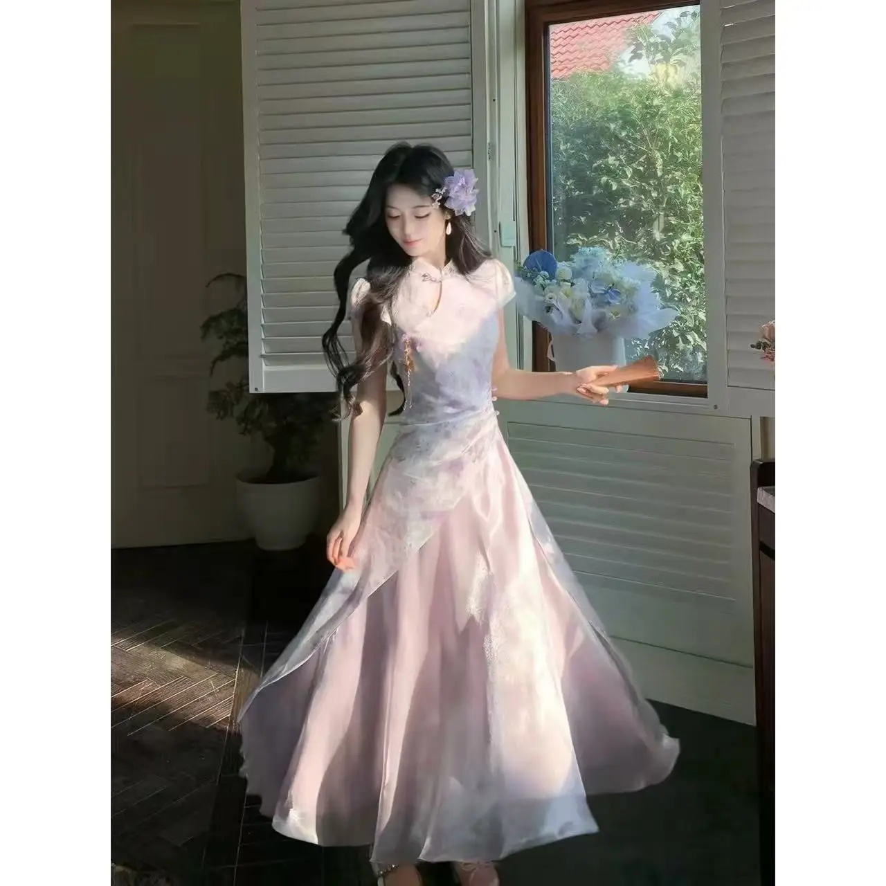 New Chinese Style Dark Pattern Printed Waist-Cinching  with Luminous Tulle Skirt Purple Flowing Clouds Evening Dress