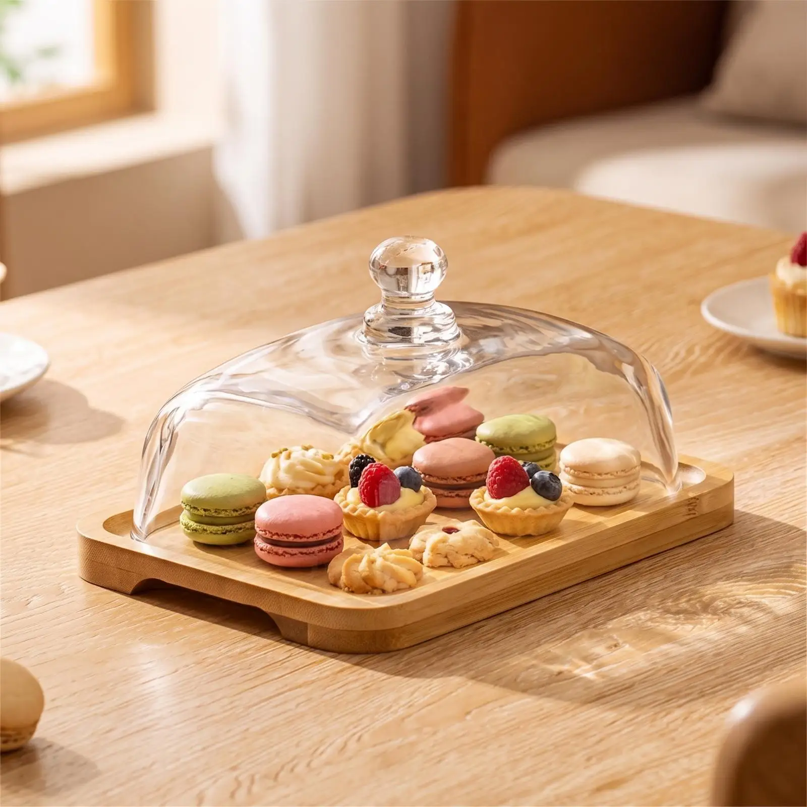 Rectangular Dessert Plate Bamboo Tray with Raised Edges Transparent Glass Lid Butter Dish Pretty Tray for Food Display