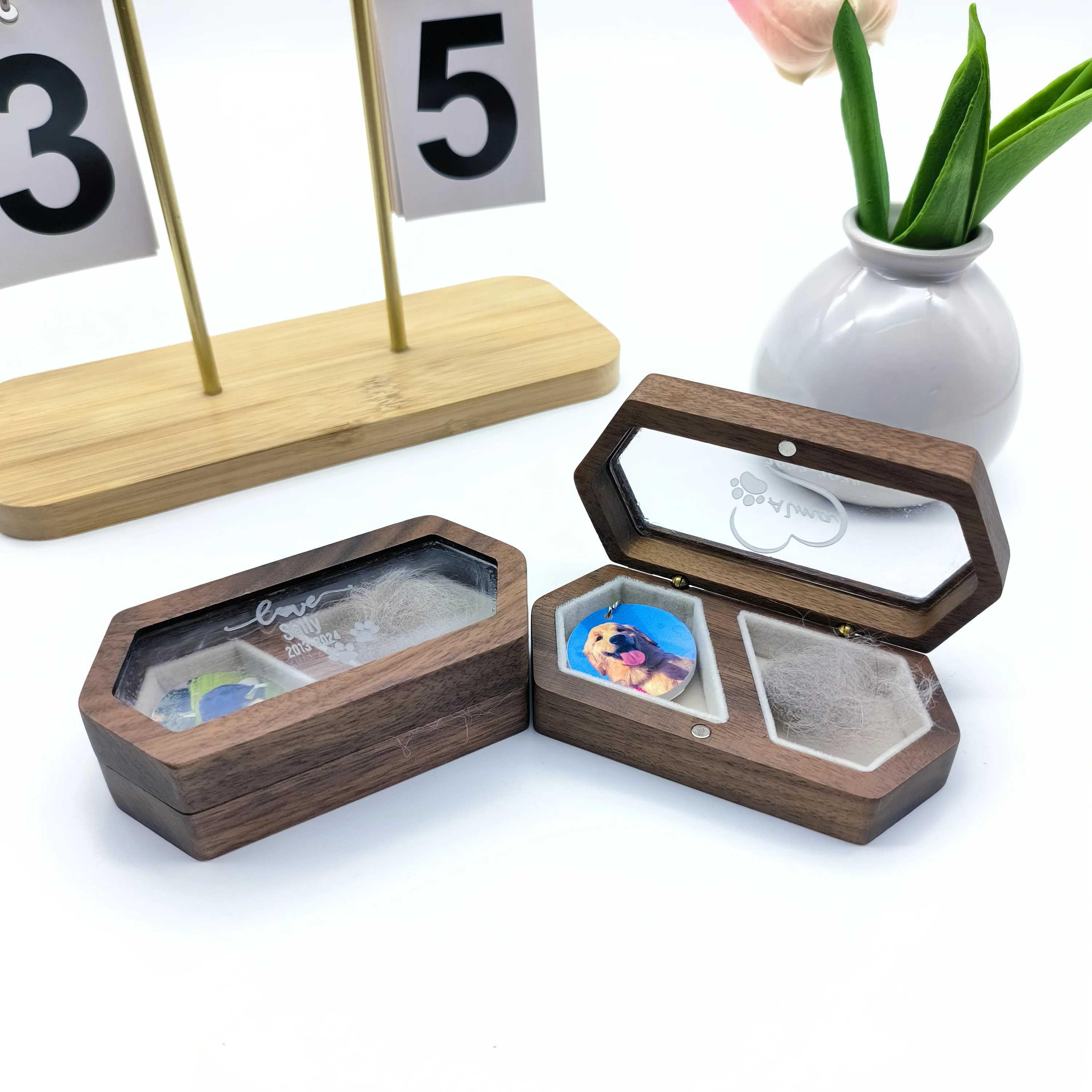 Handmade Custom Hexagonal Vintage Pet Photo Wooden Hair Collection And Memorial Box, Pet Hair, Pet Nails, Pet Ashes, Etc.