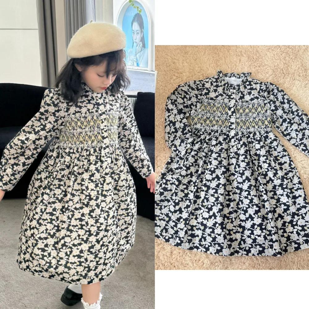

spring baby dresses Hand embroidered black floral pattern long sleeved dress Sweet French style girls' dress