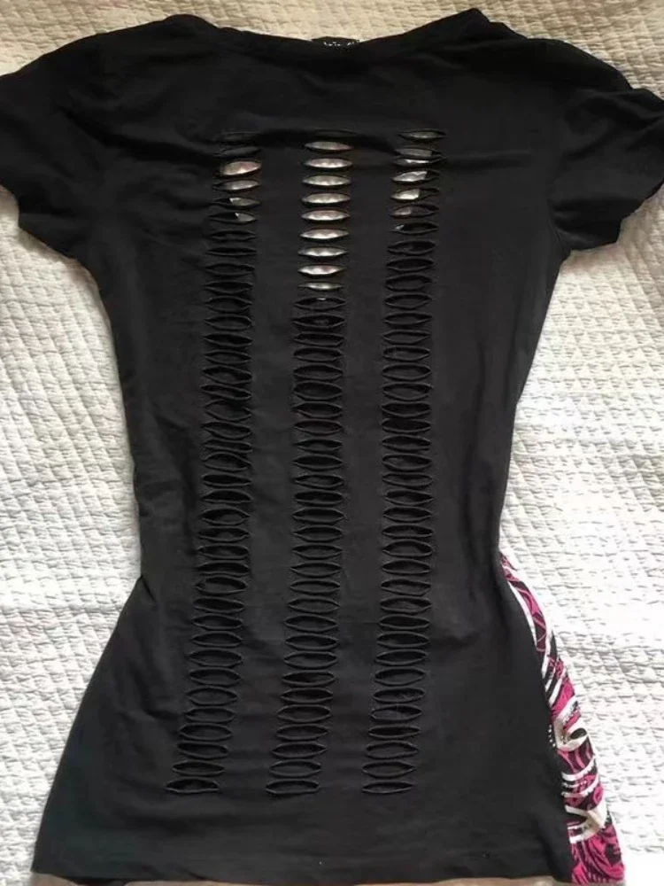 レディース レトロ ホローアウト デザイン クロップド丈 Tシャツ パンク スリム 半袖 ゴシック系 原宿 ジッパー トップス 夏 Y2K 新作