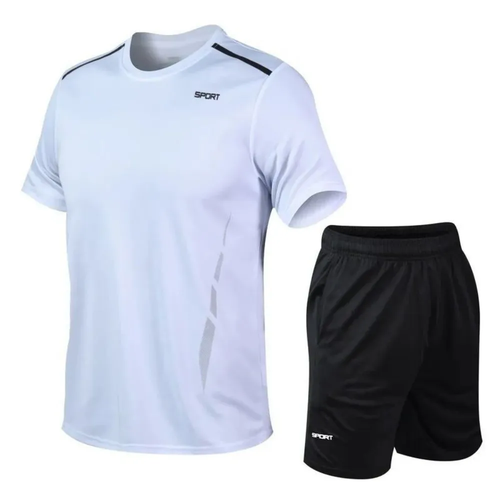 Summer men's quick drying running training letter print breathable round neck T-shirt shorts set outdoor casual clothing