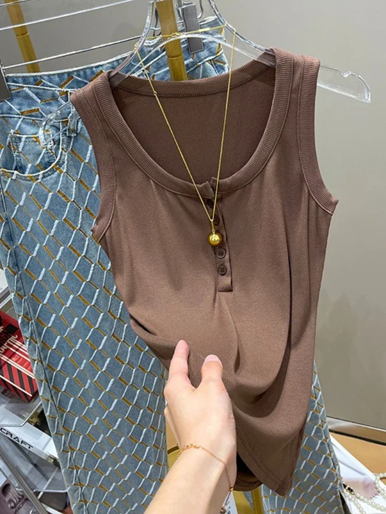 

2025 Women Solid Round Neck Tank Top Camisole Women Summer Ribbed Button Basic Elastic Tank Top O Neck Solid Tank Top