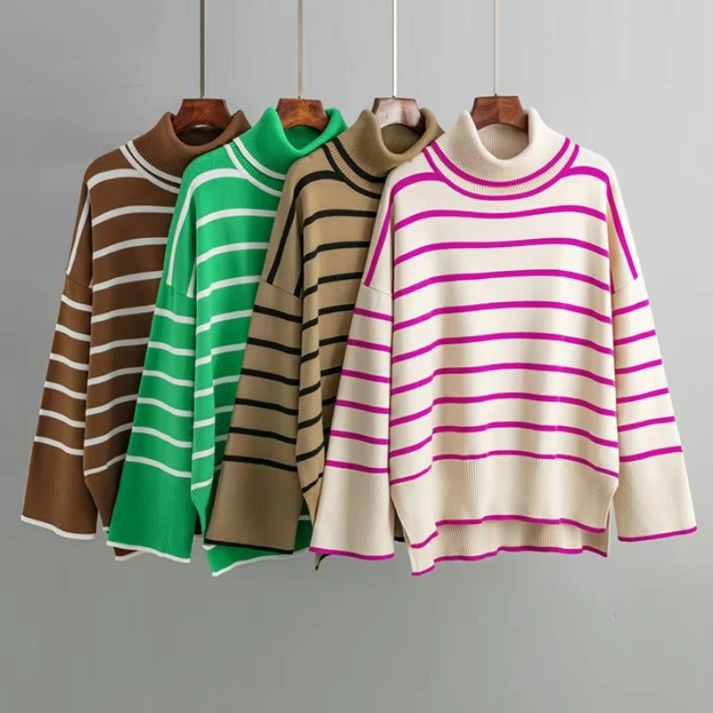 

Autumn Turtleneck Sweater Women Knitted Striped Long Sleeve Loose Pullover Top Side Split Winter Color Knit Jumper Y2k Steetwear