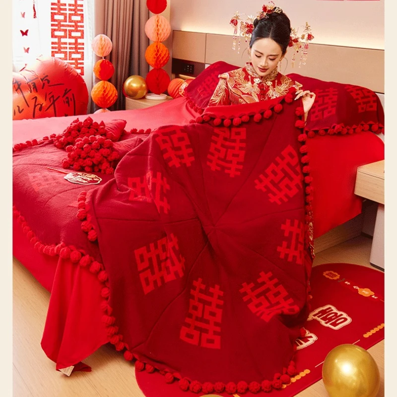 New Chinese Style Hand Crocheted Wedding Blanket Rose Bouquet Hundred Blessings Romantic Gift for Couple Home Decoration
