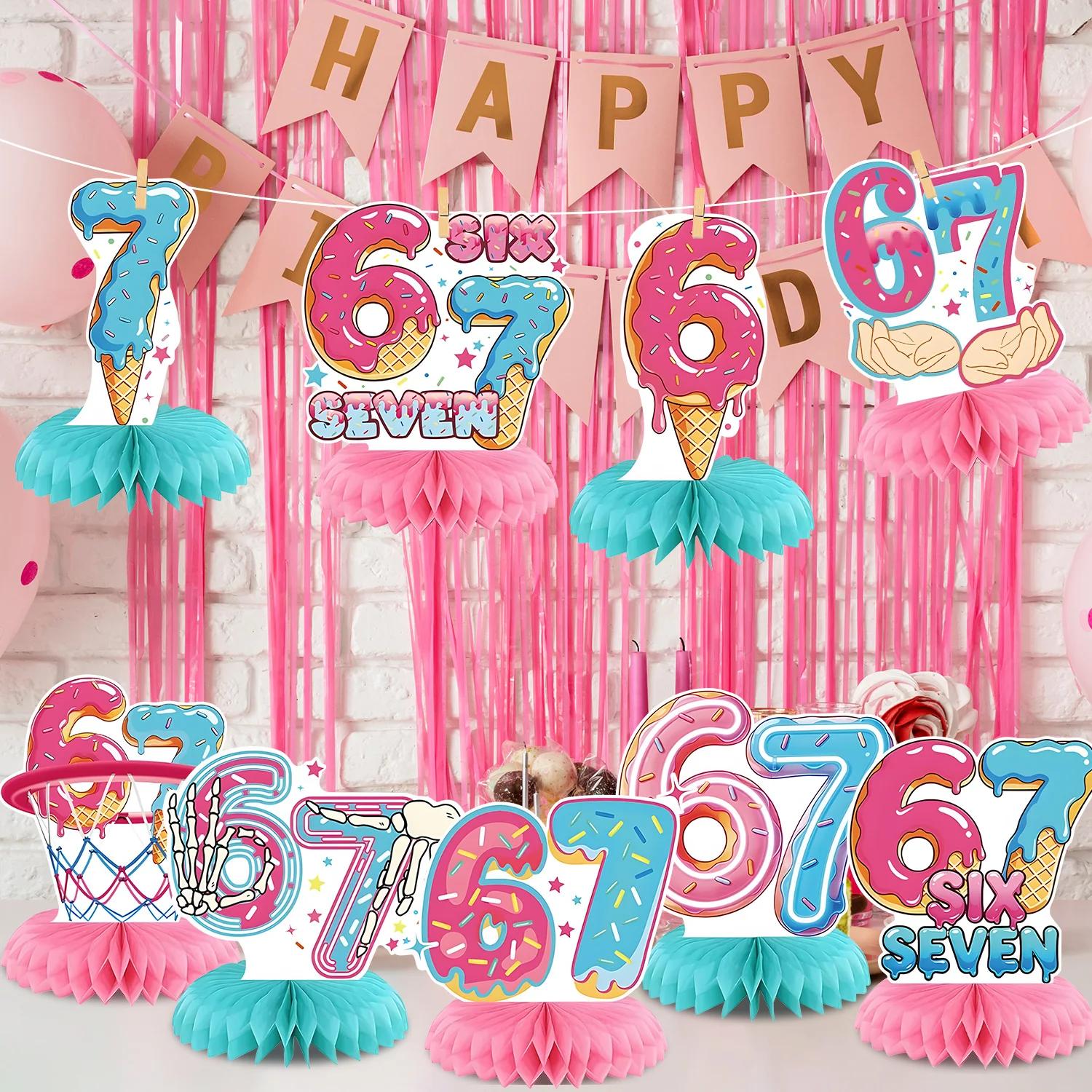 Six Seven Ground Insertion Birthday Outdoor Garden Party Decorations 67 Honeycomb Hanging Banner Desktop Center Piece Kids Favor - view 5