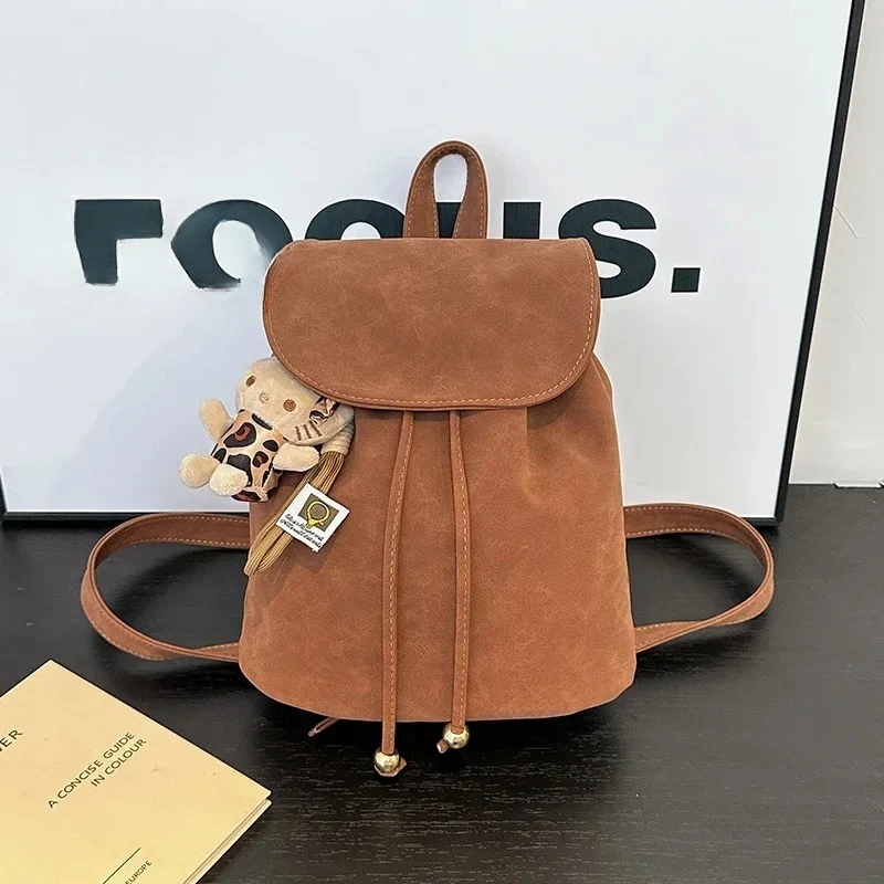 

Solid Color Faux Suede Fashion Backpack Large Capacity Flap Drawstring All-match 2024 Hot Sale Bags for Women Bolsas Femininas
