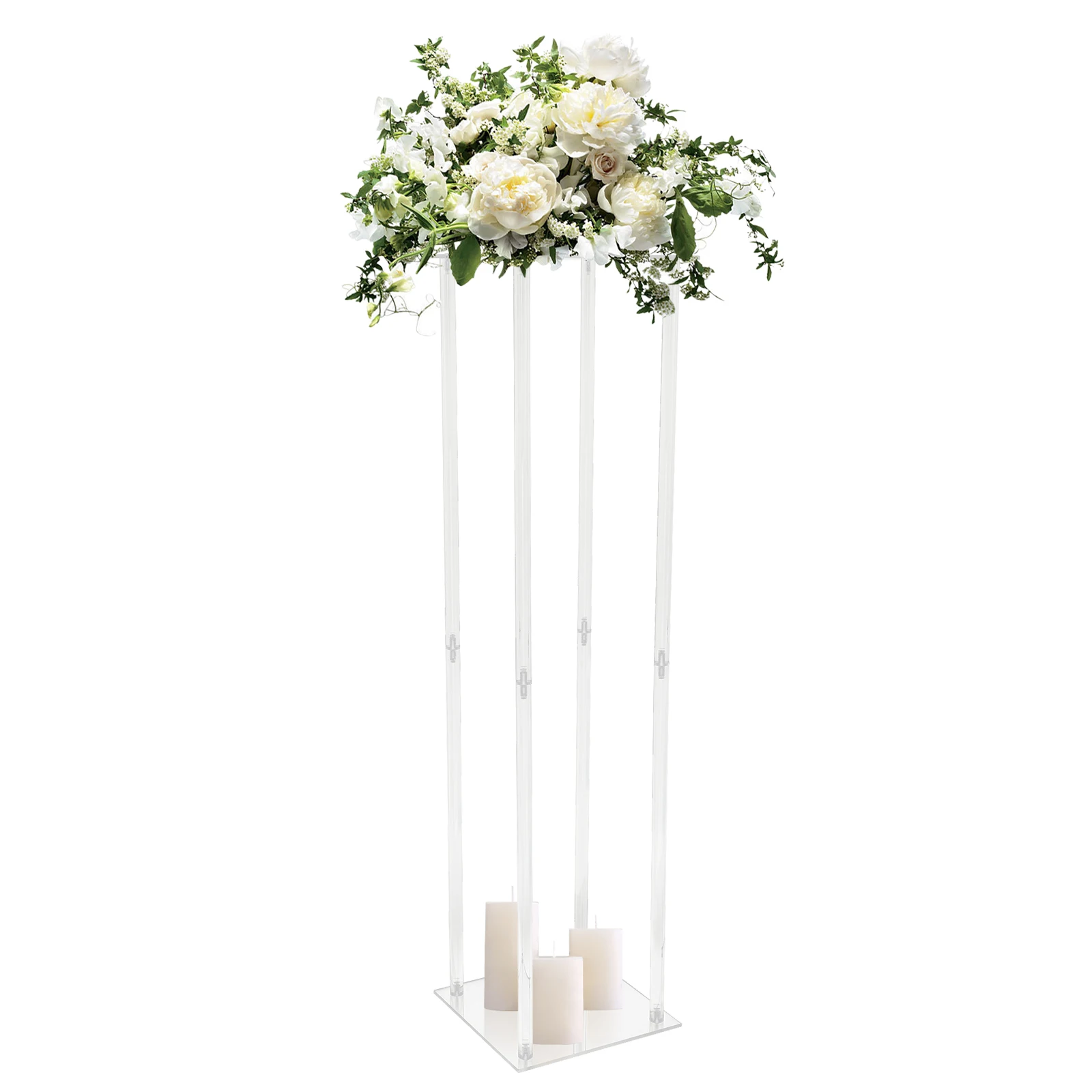 Clear Acrylic Wedding Flower Stand (9.84×9.84×39.37in), 33lbs Load & 2-Section Adjustable Height, Easy Install—Ideal for Parties