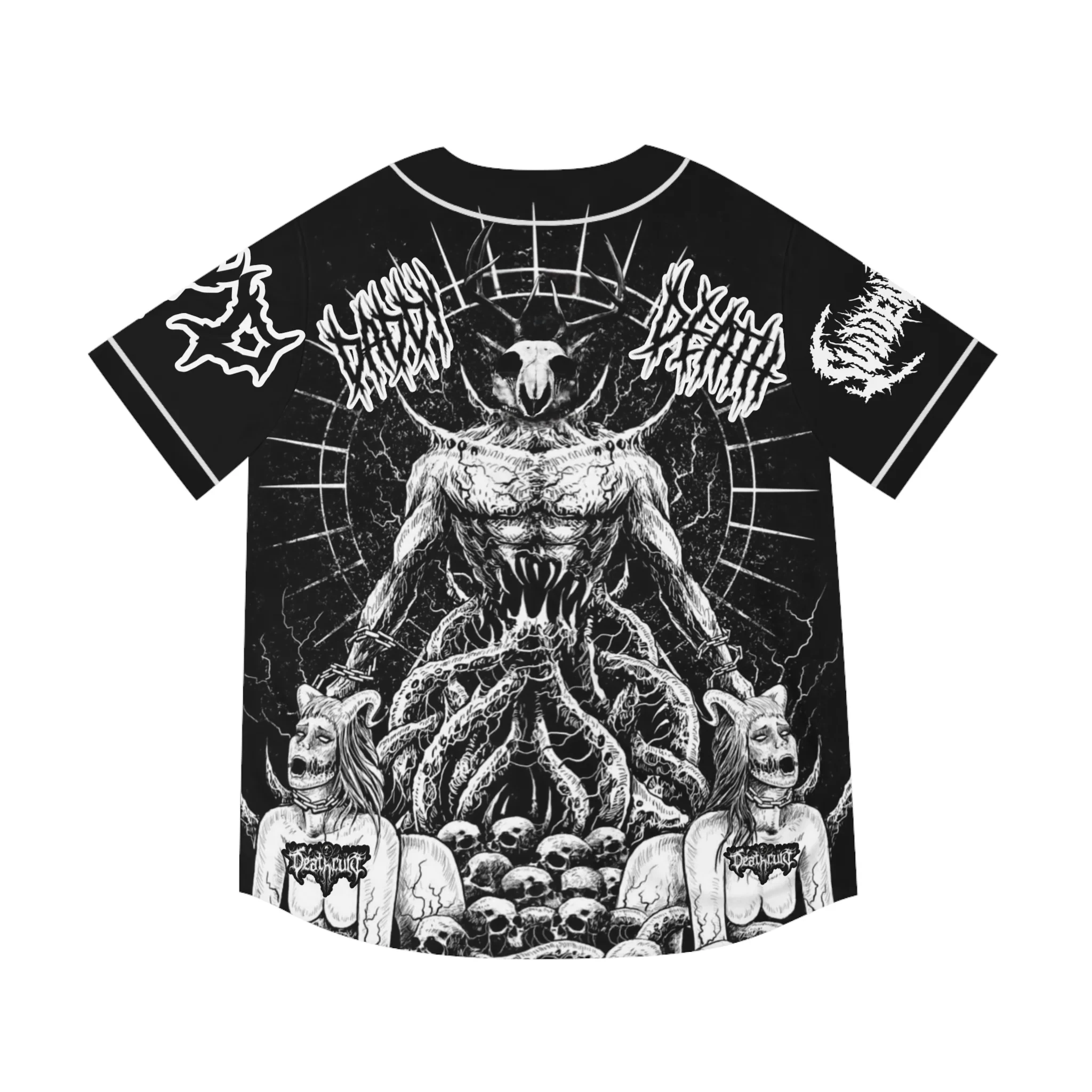 Dark Sketch Monster Print Baseball Jersey, Black White Art Style. Button Shirt, Great for Rock Shows and Music Events.