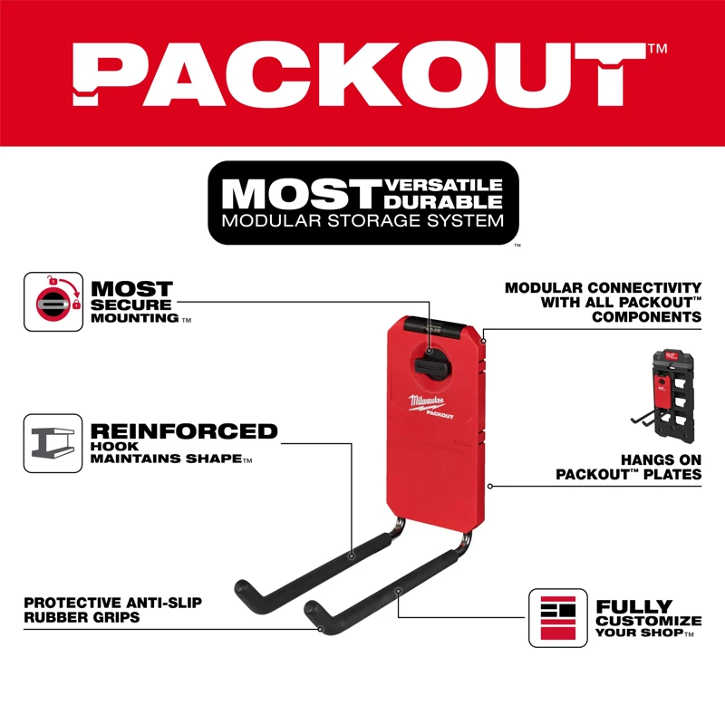 Milwaukee 48-22-8330 PACKOU 9” Straight Hook Secure Mounting Reinforced Hook - Maintains Shape Storage Wall Mounted Tool