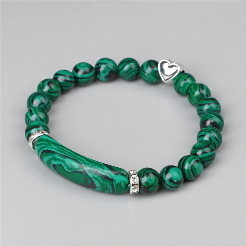 Rectangle Bar Connector Bracelets Handmade Natural Stone Tiger Eye Elastic Bracelets Healing Silver Color Heart Charm Bracelets