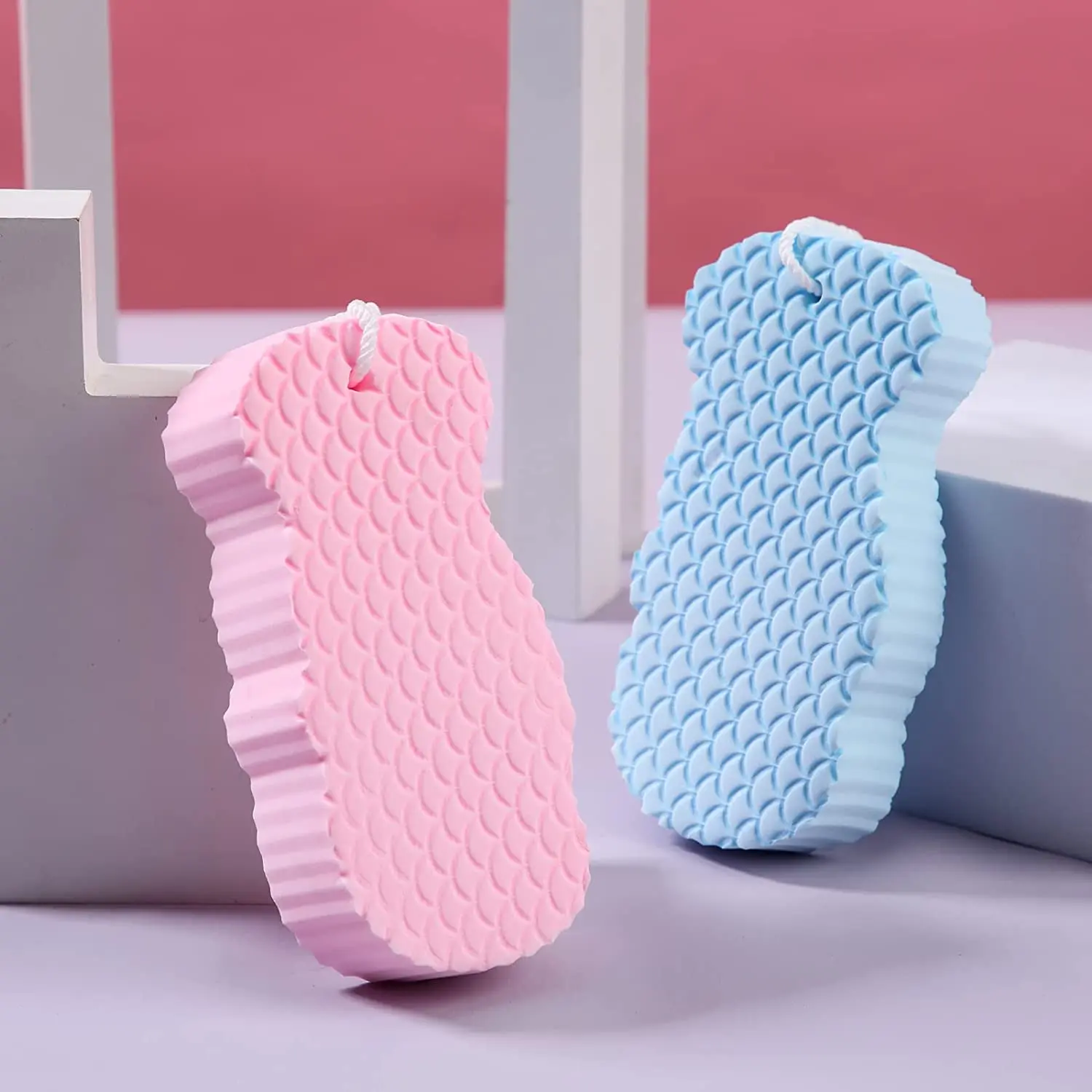 Exfoliating Bath Sponge 2Pcs,3D Shower Brush with Sticky Hook,Spongelle for Baby, Kids, Adults