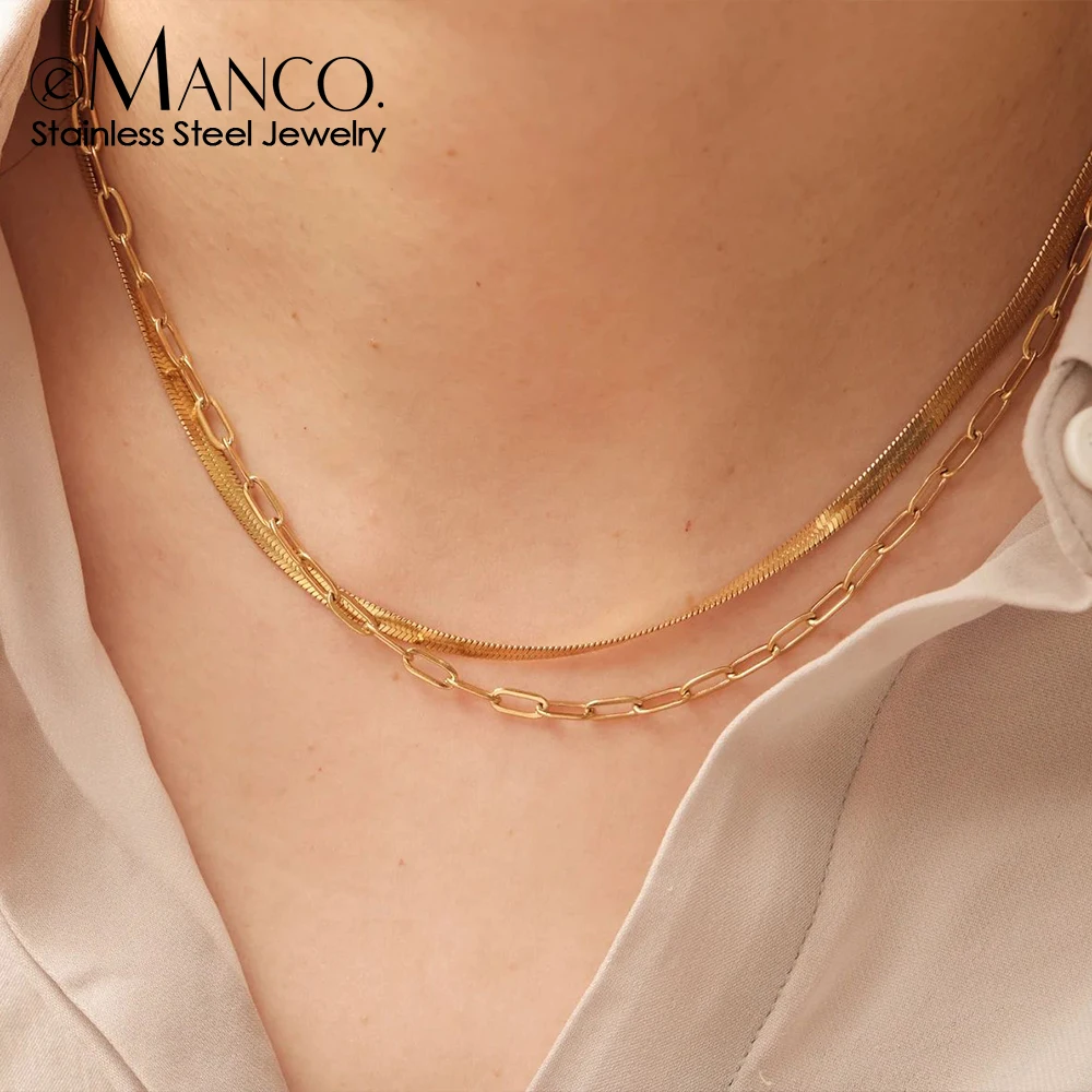 EManco للرجال والنساء سلسلة ثعبان مسطحة مزدوجة الطبقات مكدسة سلسلة قلادة الفولاذ المقاوم للصدأ الملمس المعدني مبيعات الجملة