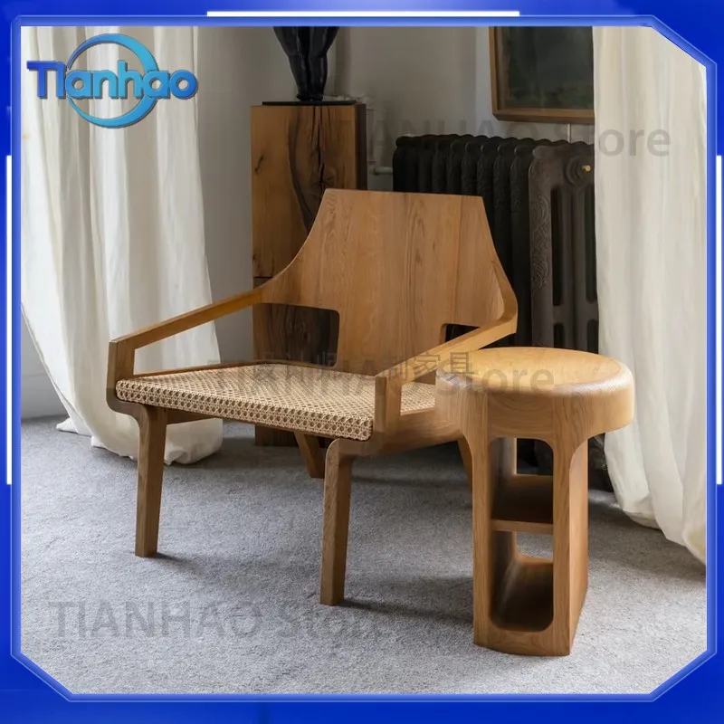 Scandinavian Style Wooden Single Armchair with Woven Rattan Backrest for Lounge Cafe Hotel Decor