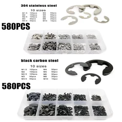 580pcs/set Assortment Kit 10 sizes 1.5-10mm Black or Stainless Steel Shaft External Retaining Ring E Clip Snap Circlip Washer