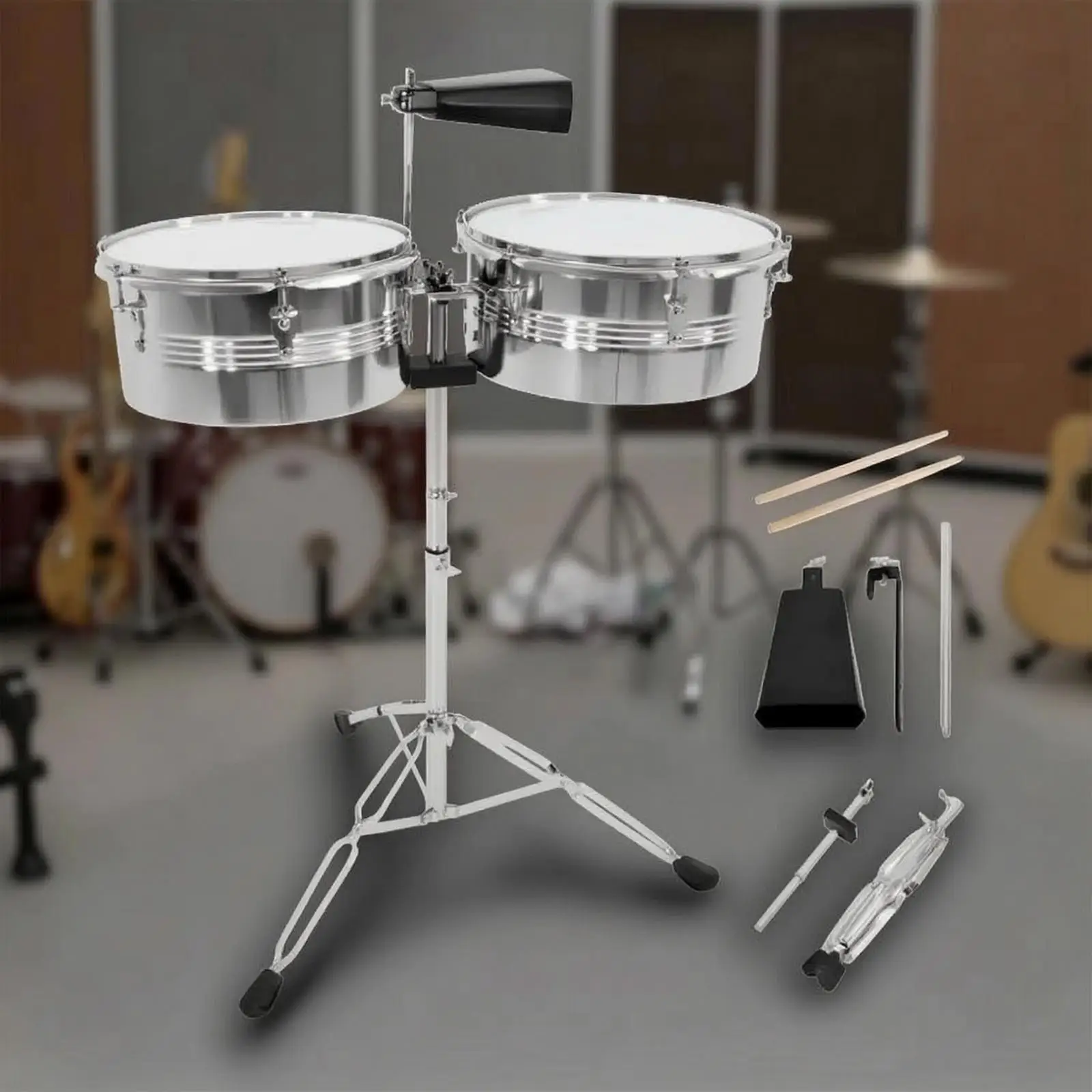 Timbales with Stand and Cowbell Chrome Timbales with Stand Height-Adjustable