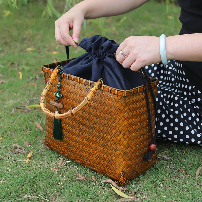 Vintage Handbag Women\'s Straw Bags Hand Bamboo Woven Fashion Summer Beach Tea Ceremony Storage Baskets Luxury Wicker Bag Crafts