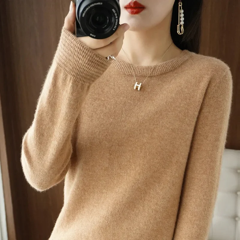 100% ميرينو الصوف محبوك سترة الخريف/الشتاء 2025 جديد المرأة الجولة الرقبة الجوف أعلى 11 لون البلوز معطف متعدد الاستخدامات