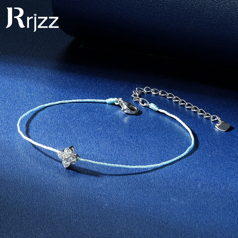Rrjzz 925 Sterling Silver Lucky Charm Blue String Protection Adjustable Bracelet Certified Moissanite Four Petals Flower Bracele