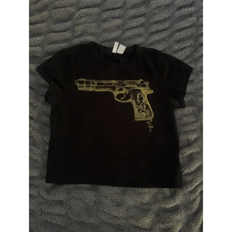 

American Retro Subculture Gun Print T-shirts Harajuku Street Fashion Short-sleeved Tees Women's Y2K Hottie All Match Chic Tops