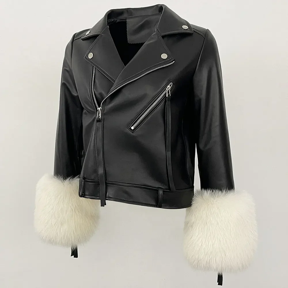Women Real Sheepskin Bomber Jacket Real Fox Fur Cuff Leather Coat Lady premium casual coat Motorcycle Real Genuine Leather Coat