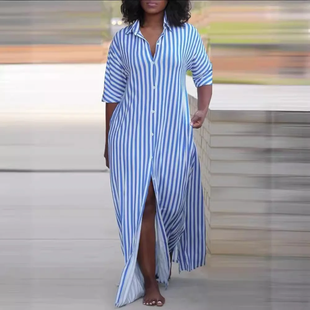 Long Dresses Women Casual Long Skirt T-shirt, Striped Printed Loose Long Skirt, Medium Sleeved, Elegant, Summer Fashion, 2024