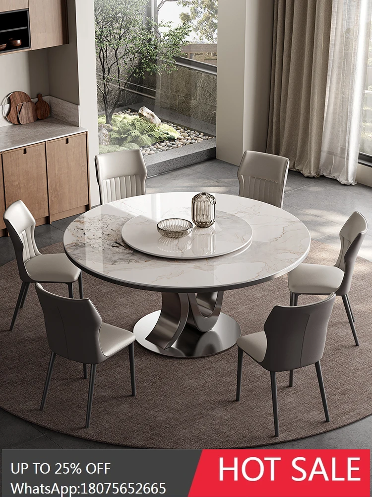 

MJY rock slab dining table household stainless steel combination Italian family simple light luxury round table