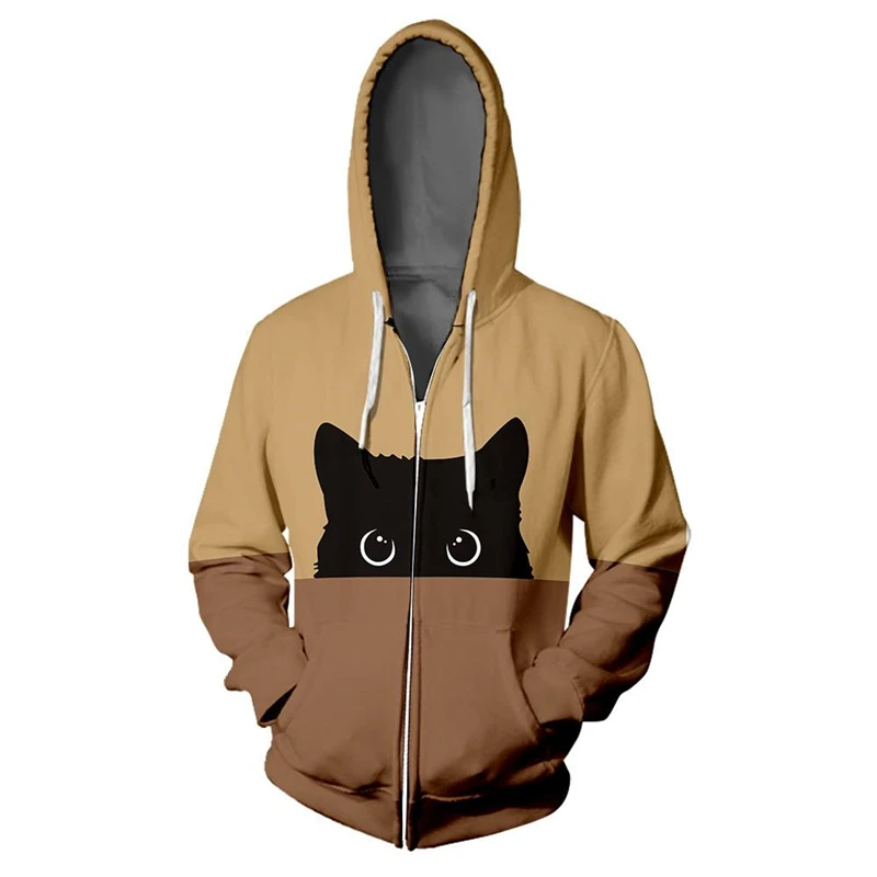 Cute Quietly Cat Pattern Zip Up Hoodie Fashion Casual Long Sleeve Men Women 3D Printed Zipper Hoodies Simple Trend Sweatshirts