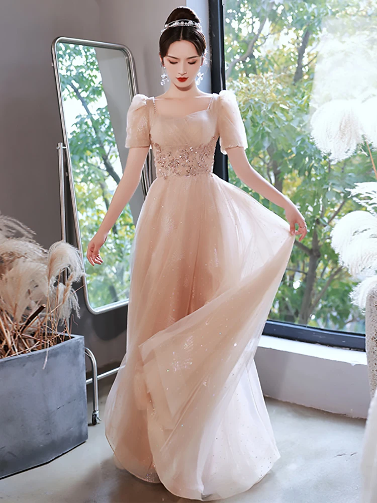 

Элегантное женское вечернее платье 2026 года: Новинка с аппликациями, короткими рукавами, однотонное, блестящее, для выпускного вечера и торжественных мероприятий