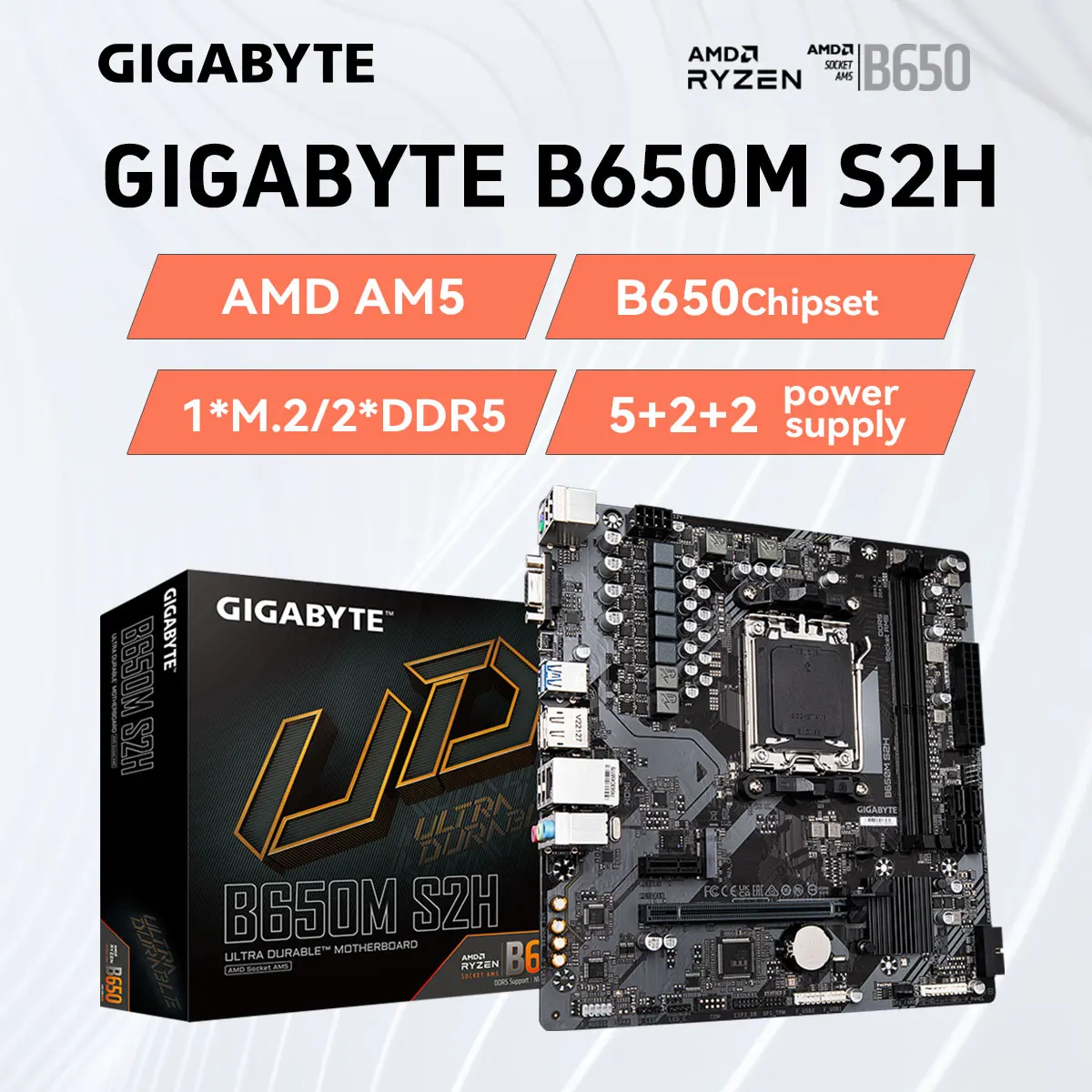 GIGABYTE B650M S2H M-ATX 마더보드, 2 * DDR5 M.2 PCIe 4.0 X16 4 * SATA 3.0 VGA + DP AMD Ryzen 7000/8000 시리즈 AM5