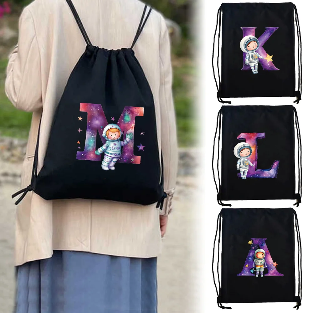 Handy Gym Drawstring Bag Astronaut Letter Print Canvas Sport Backpack Shopping Storage Carry Daypack