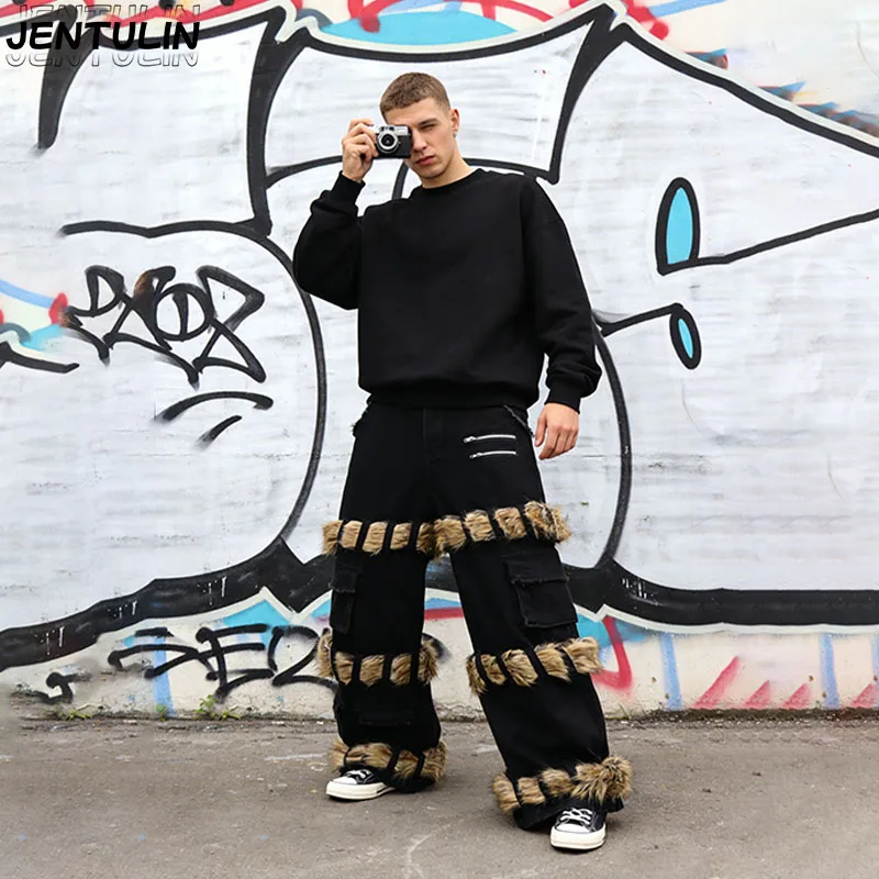 2025 Black Man Clothes Aesthetic High Street Detachable Woolen Pants Men's Women's Jeans Multi Pocket Workwear Wide Leg Pants