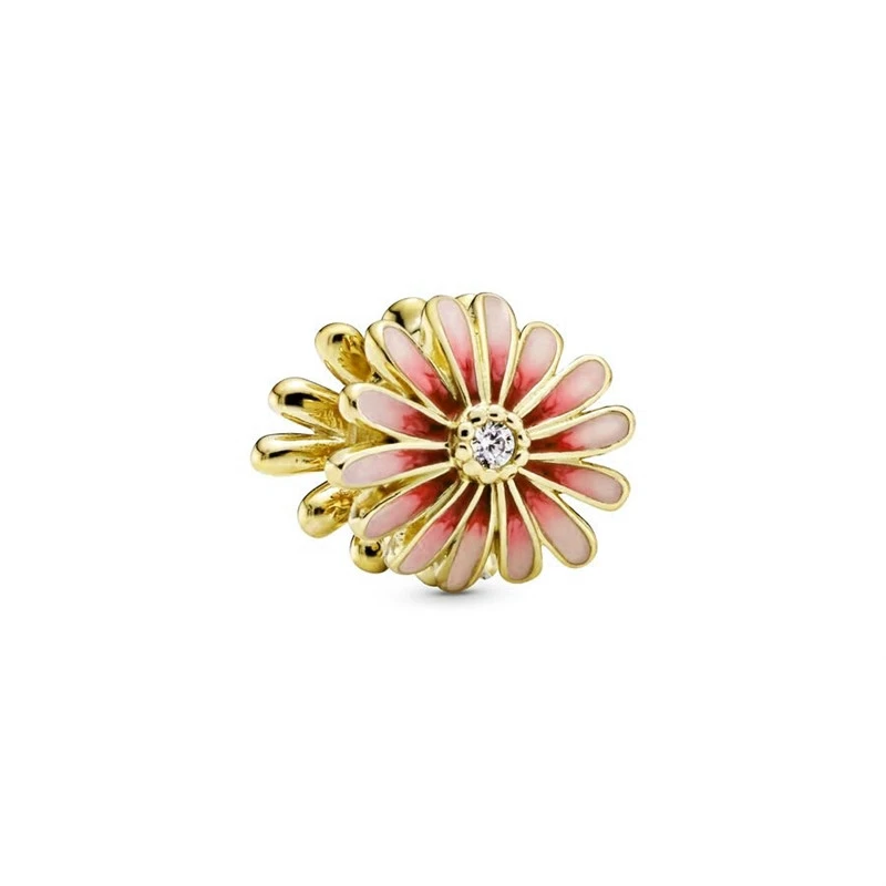 New Plated Gold Bead Pink Daisy Flower & Snowflake Pavé Charm Bead Fit Original 925 Sterling Silver Pandora Bracelet DIY Jewelry