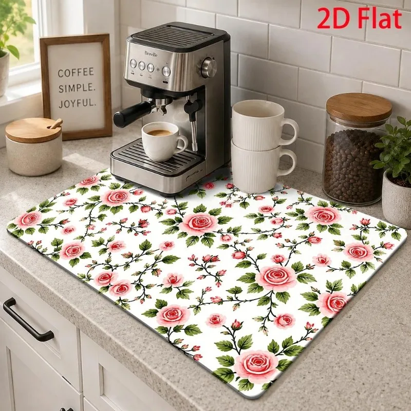 Dish Drying Mat 2D Flat Pink Rose Floral Printed Cushion Super Absorbent Kitchen Drainage Pad Countertop Coffee Maker Mat