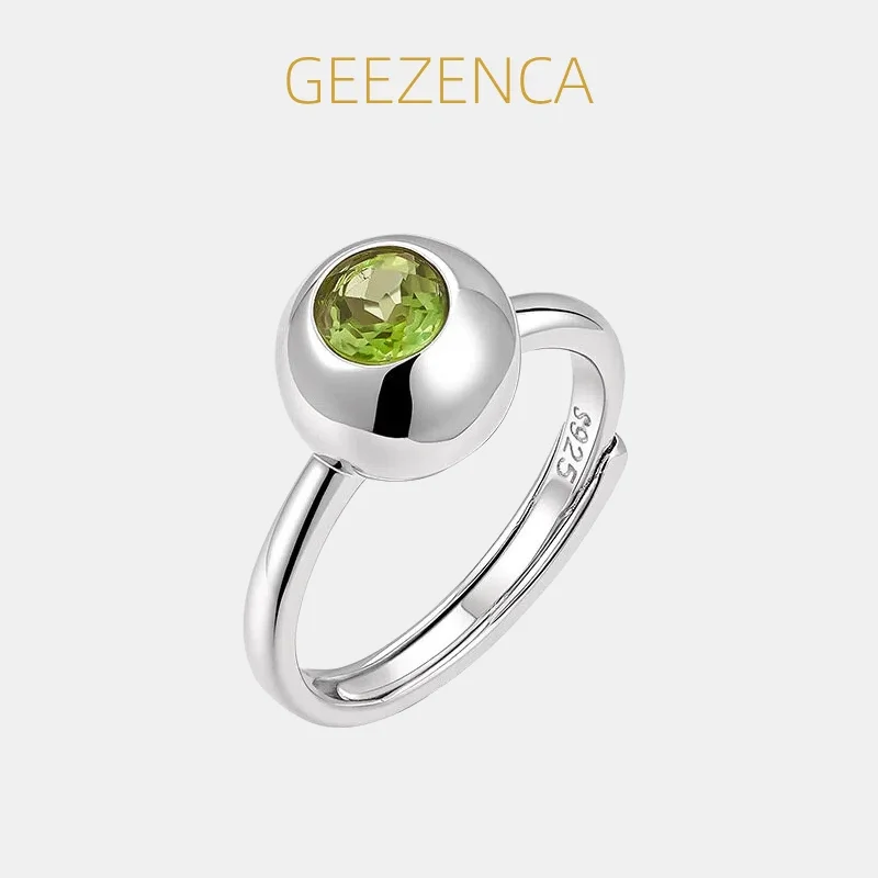 GEEZENCA 925 Sterling Silver Peridot Topaz Citrine Big Sphere Open Ring Women High Polished Simple Trendy Stack Rings Party Gift