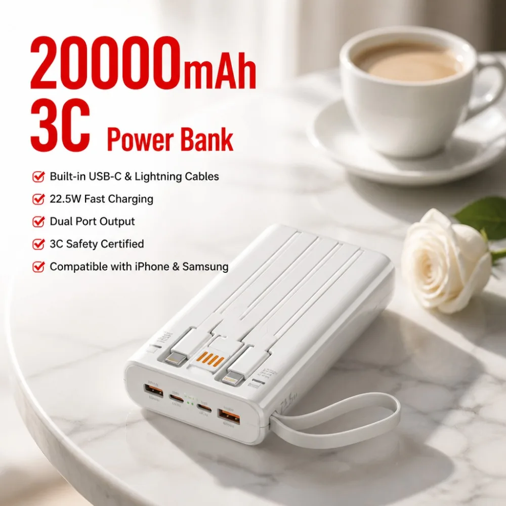 

20000mAh 3C Power Bank, Built-in Cables with 22.5W Fast Charging, Dual USB-C & Lightning Output for iPhone Samsung Android