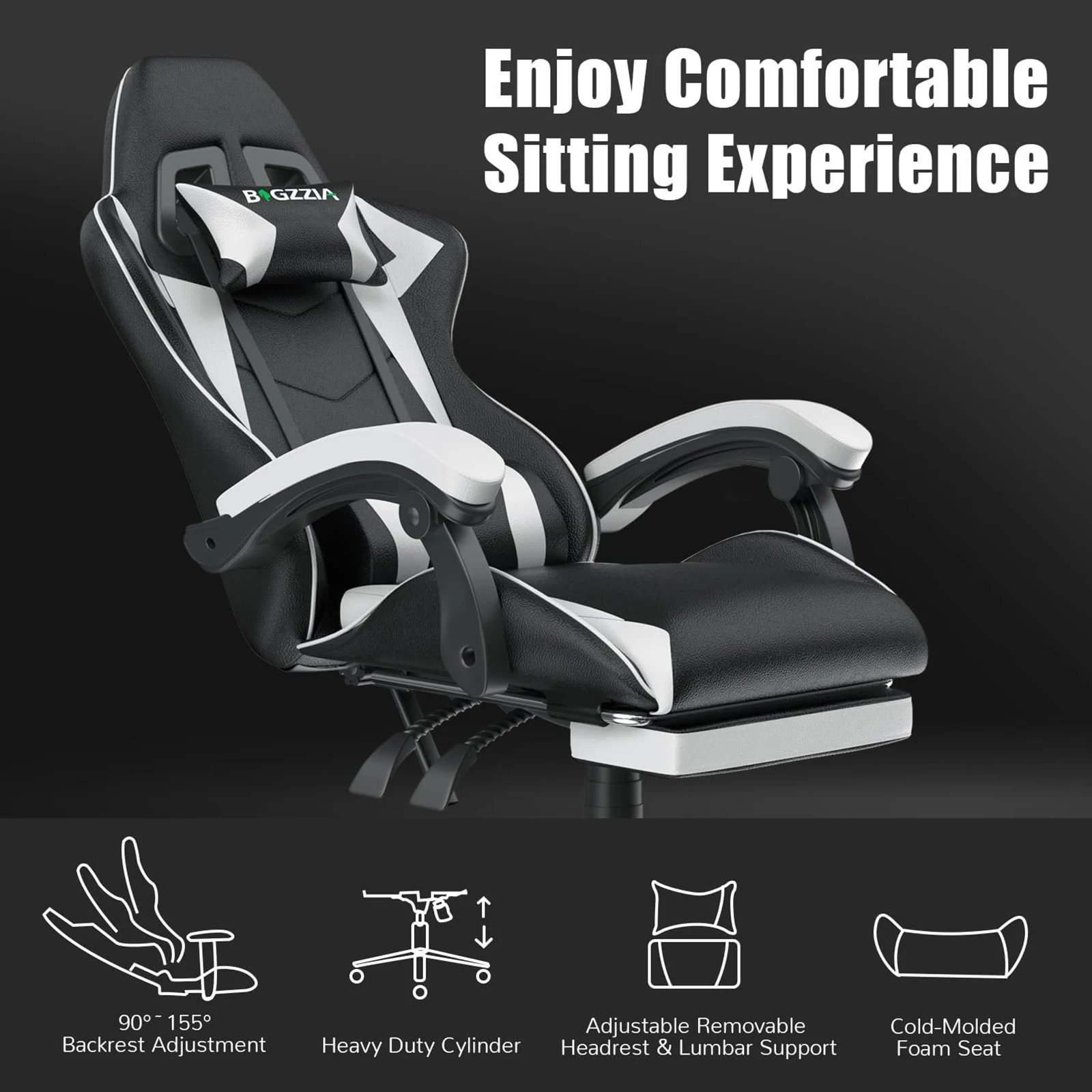 Bigzzia Gaming Chair with Footrest Gamer Chairs Ergonomic with Lumbar Cushion Chair Height Adjustable Office Chair for Home