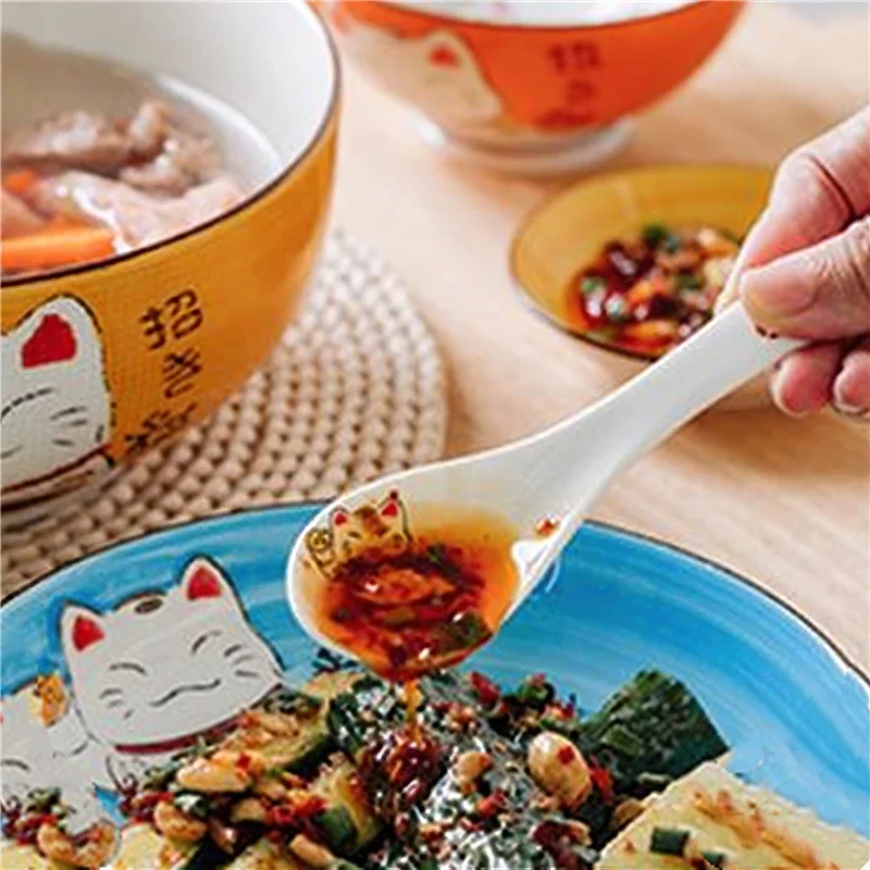 Ceramic Soup Spoon 14cm Japanese White Lucky Cat Bone China Dinnerware Restaurant Household Kitchen Supplies Tableware