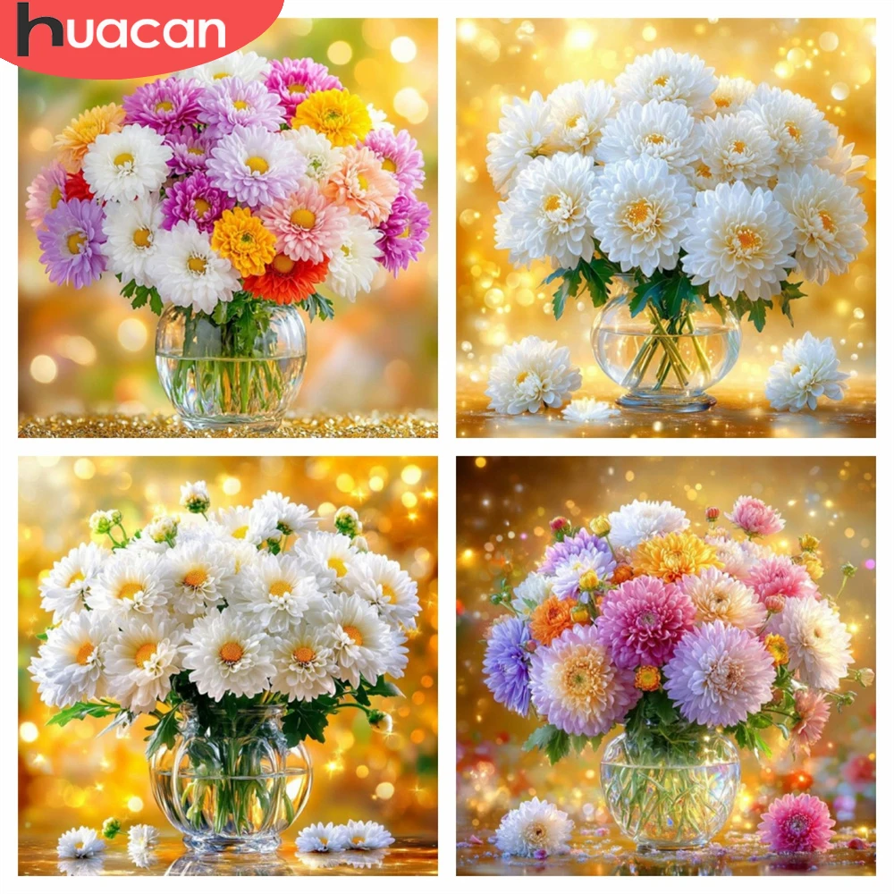 HUACAN Diamant-Mosaik Chrysanthemen-Blume bei Sonnenuntergang Heimdekoration Strass DIY Diamantmalerei Blumengeschenk Komplettset