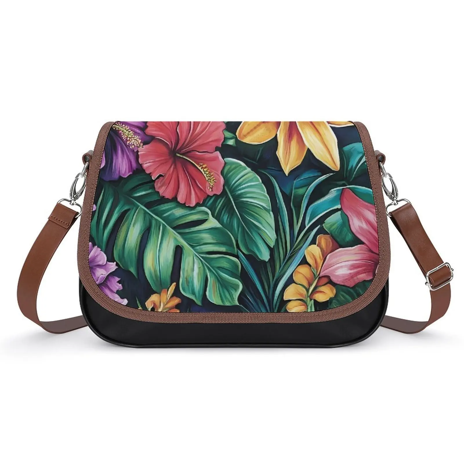 

Custom Pu Women'S Crossbody Bag Polynesian Flowers And Tropical Tribal Patterns Art Hibiscus Flowers Portable Women'S Bag