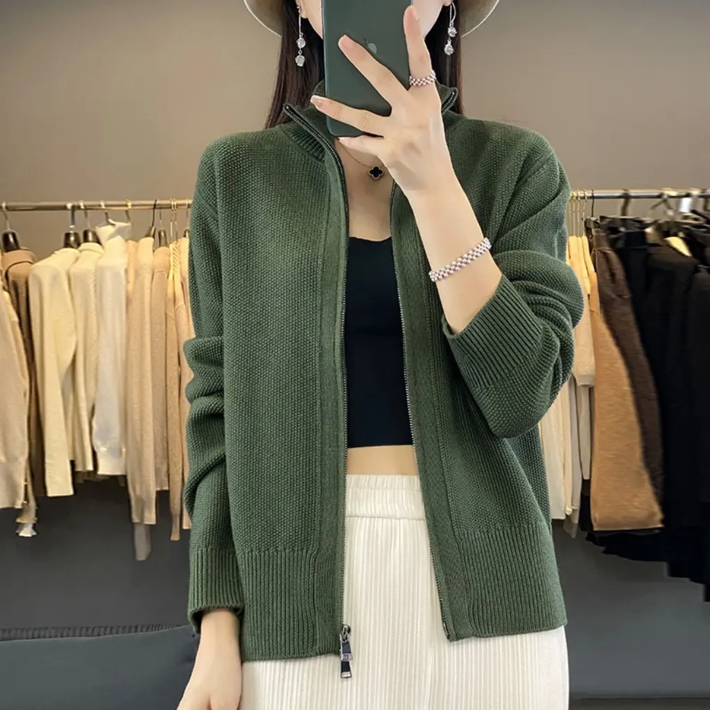 

Women's Fashion Casual Stand Collar Double Zipper Cardigan Black Korean Style Sweater Top New Arrival